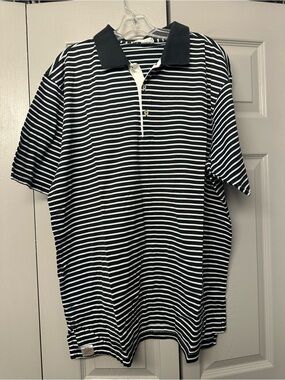 Men's Black & White Striped Polo with Contrast Collar